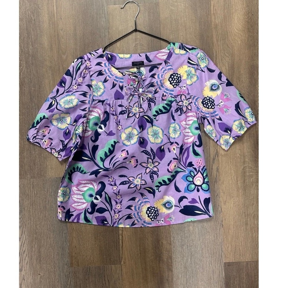 Talbots Purple Floral Cotton Tie Neck Blouse Short Sleeve Top NWT M Petite